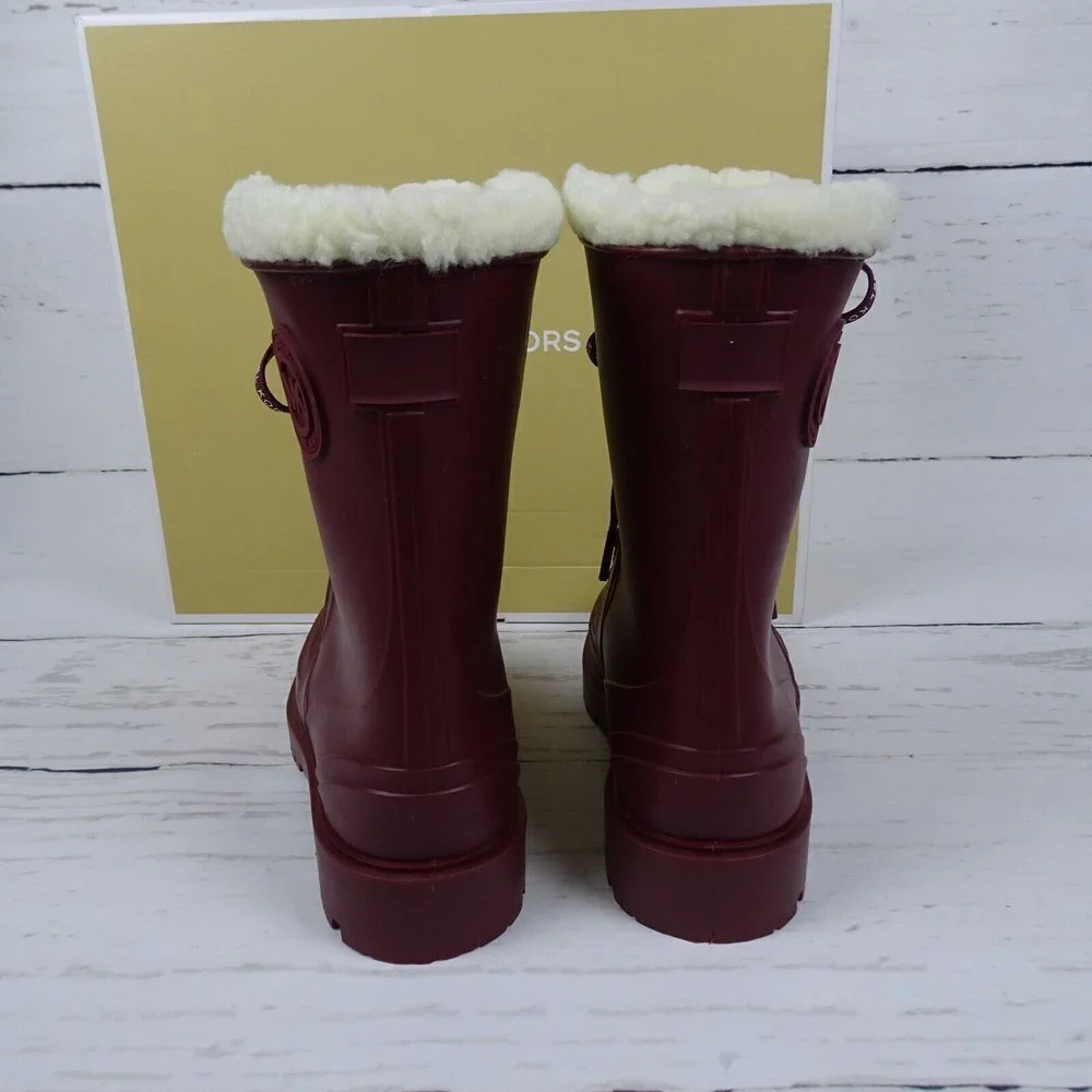 MICHAEL Michael Kors Women's Montaigne Rain Boots Faux Fur Logo Dark Berry New 6